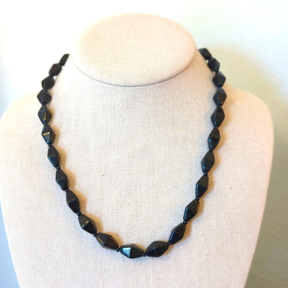 Midcentury Vintage Black Glass Beaded 18" Necklace W/ Spring Ring Clasp